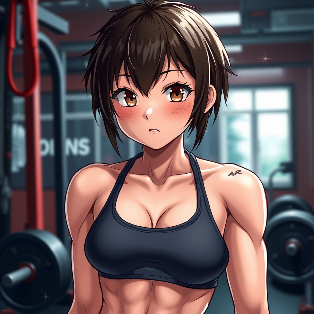 Animated NSFW style image, cute fit brunette girl, short hair, gym, sweaty, highly detailed, masterpiece, professional photo, extreme details, high resolution, hdr