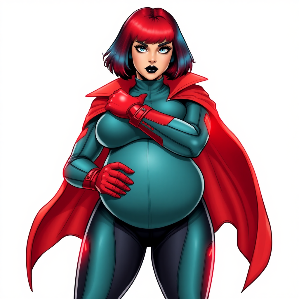 A 26-year-old, heavily pampered, full-figured, mystical vigilante detective ally of her cyberpunk vigilante older brother figure with a bright red bob cut, black lipstick, and piercing bright blue eyes. She has a new non-athletic build, now highlighted by a prominent, round, gargantuan midsection (with the full emphasis on her gargantuan belly), which shows the aftermath of her pampering. Despite her new physique, she displays her usual confidence. She wears a large, high-tech, tight-fitting, maximum turquoise biker suit (accentuating her gargantuan belly), complemented by a glowing neon red cape and high-tech red gloves. Her stance is firm and resolute, arms crossed, exuding a no-nonsense attitude. Her costume reflects the influence of DC New 52 Prime Earth’s Phantom Lady, Jennifer Knight, while her pose embodies the moral ambiguity and determination reminiscent of DC’s Pax Americana’s The Question. She is on a solid white background. She is drawn as if she was in a retro 2D cyberpunk fighting game. She is clearly non-athletic, with a focus on her full-figured physique. Her belly is bloated to emphasize her non-athletic figure. Make sure that her biker suit covers all of her bare skin (especially her gargantuan midsection).