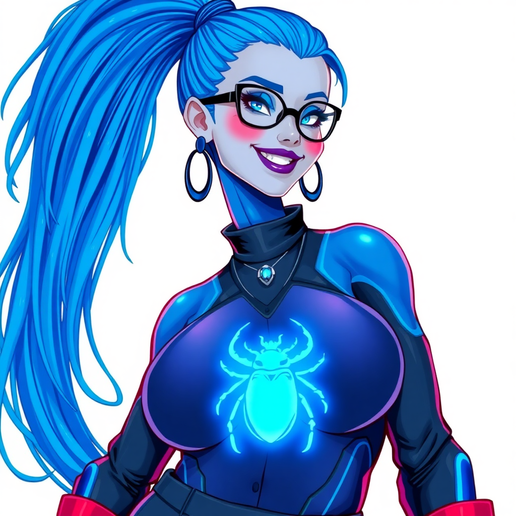 A cyberpunk vigilante’s full-figure 5PB (Maximum Blue) skinned computer program hybrid 28-year-old digital sidekick and loyal girlfriend. She has a long 5PB (Maximum Blue) ponytail and 5PB (Maximum Blue) skin that blends with her outfit appearing to merge together into computer data. She wears maximum blue lipstick, blue eyes, a sapphire beetle gemstone necklace, sapphire earrings, black eyeglasses, and an oversized, digital, computerized, 5PB (Maximum Blue) bodysuit featuring a neon blue glowing chest icon of a scarab beetle that accentuates her prominent, round, gargantuan midsection. She sports a beaming smile with a neon red blush. She serves as his minicomputer operating in his hi-tech wristwatch and supercar's onboard computer using her ability to hack into machines and computer to relay vital mission information. The background is solid white. She is drawn as if she was in a retro 2D cyberpunk fighting game. Her midsection is bloated and expanded to emphasize her full figure.