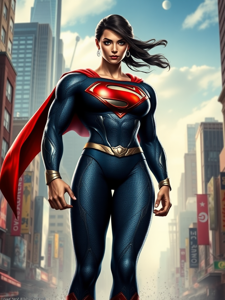 Create a full-length image of Superman with the female body traits of Honoka from DOA, retaining Superman's original head and face. Emphasize the torso, showcasing Honoka's curvy, athletic figure and detailed muscle definition. Maintain Superman's classic costume but embellish it with elegant, flowing elements from Honoka's outfit, such as intricate patterns and accents. Set the scene in a dynamic cityscape, blending elements from Metropolis and DOA settings. The background should complement the fusion of characters, highlighting both urban and battle-ready environments.