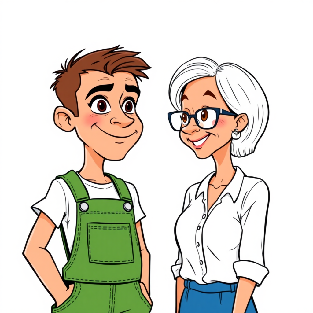 20 year old european skinny boy wearing green work overalls is blushing excited while looking at and listening to a 55 Years old, European, Latina, sharp aquiline nose, wrinkles, high cheekbones, Middle Eastern, Skinny, Tanned skin, Dark light skin, Rounded Medium breasts, Skinny thighs, full Makeup, jewelry, Serious face, Sharp nose, shocked, smiling, open mouth, horny, Ash hair, short bowl haircut, Brown eye color, Glasses, with detailed features. She is watching the boy, she is wearing a white shirt and a blue skirt, detailed fabric. full body, long establishing shot, 2D, caricature, cartoon, Sketch lines, coloring book, nlack and white, coloring book style on white background, well composed, clean coloring book page, No dither, no gradient, strong outline, No fill, No solids, vector illustration