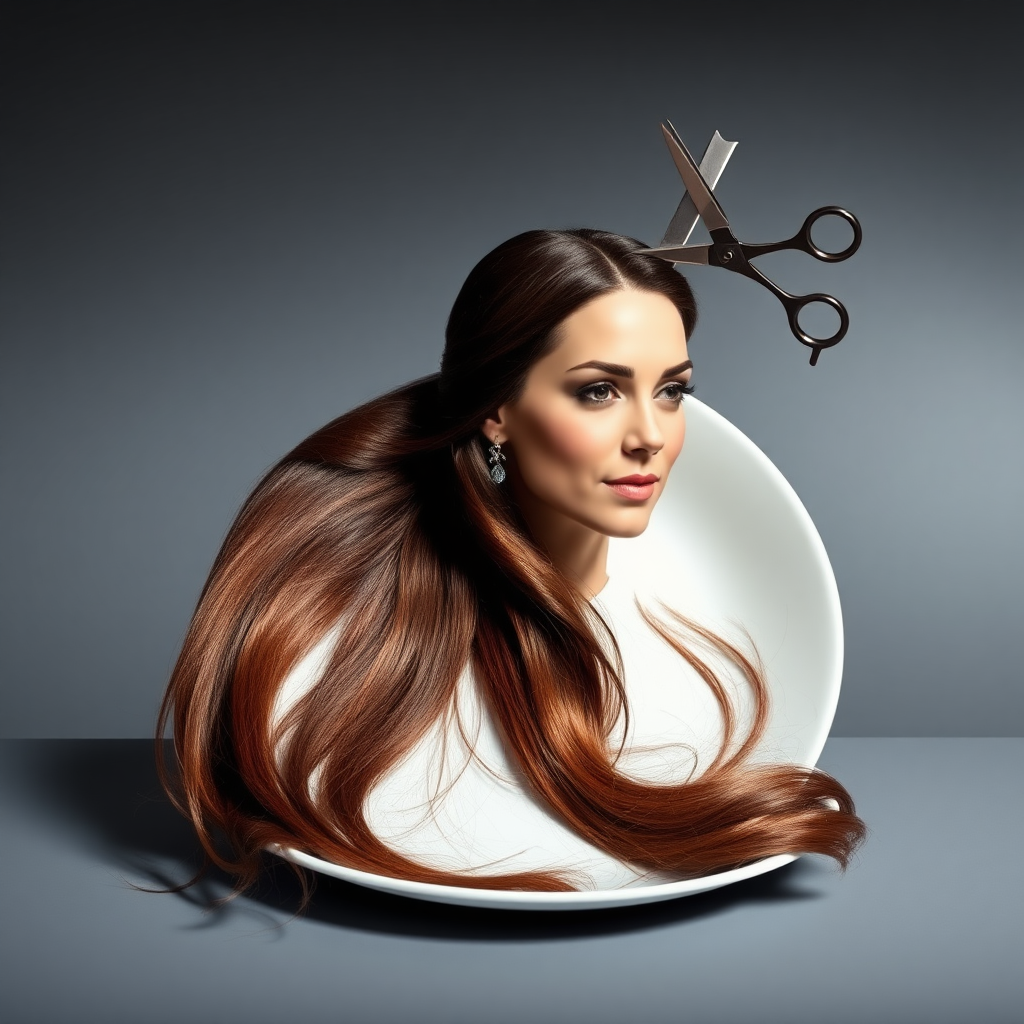 In a strikingly surreal scene, a beautifully crafted porcelain plate holds the disembodied head of a graceful Kate Middleton, her long, flowing hair cascading around like a luxurious waterfall of silky strands, shimmering in various shades of deep chestnut. Each hair seems to catch the light, creating an almost ethereal glow. Nearby, a meticulous hairdresser, dressed in a sleek black apron, carefully snips away at Kate's locks with precision scissors, their actions fluid and deliberate, emphasizing the delicate artistry of the moment.

The setting boasts minimalist decor, with a plain gray background that heightens the focus on this bizarre tableau. Soft shadows play across the smooth surface of the plate, enhancing the haunting beauty of Kate's serene expression, which conveys both elegance and an uncanny sense of stillness. The atmosphere is a blend of surreal calm and unsettling intrigue, pulling the viewer into a dreamlike space where reality and imagination intertwine. Gentle noises of scissors softly clipping away hair are the only sounds in this peculiar yet captivating scenario, heightening the tension and drawing viewers into this striking juxtaposition of beauty and the bizarre.