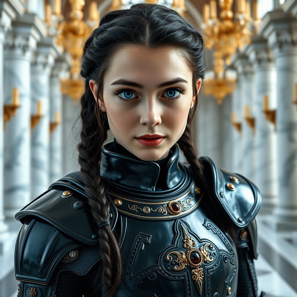 Exact 7 meter distance Wide shot, make sure in full length and 32k, super detailed masterpiece focused on the face of a young English queen in a knight's outfit from exact 7 meter distance while whole body is visible without any cuts, with big blue eyes and a beautiful face with braided dark hair, looking straight to the camera at the center of the composition. She is happy and cheerful, with a surprised and lively look, she attracts everyone's attention and is dazzling in her calmness and irresistibility. There is a magical quality to her eyes, a determined stance standing at the center of the composition, while her magnificent full-length, all-black armor with high collars and blackened plates is perfectly polished, adorned with golden slime motifs with inlays and lustrous decorative stones, along with heeled boots from Shakil, polished like obsidian. At the heart of a grand hall, with white marble columns where golden chandeliers drip with sparkling crystals, a stunning figure commands attention. Great at both photos and artistic style, incredible contrast and shading, hyper realistic, cinematic, depth of field, great at both photos and artistic style, HDR+, incredible contrast and shading, hyper realistic, cinematic ((( Master Piece ))) (( Golden Rule ))