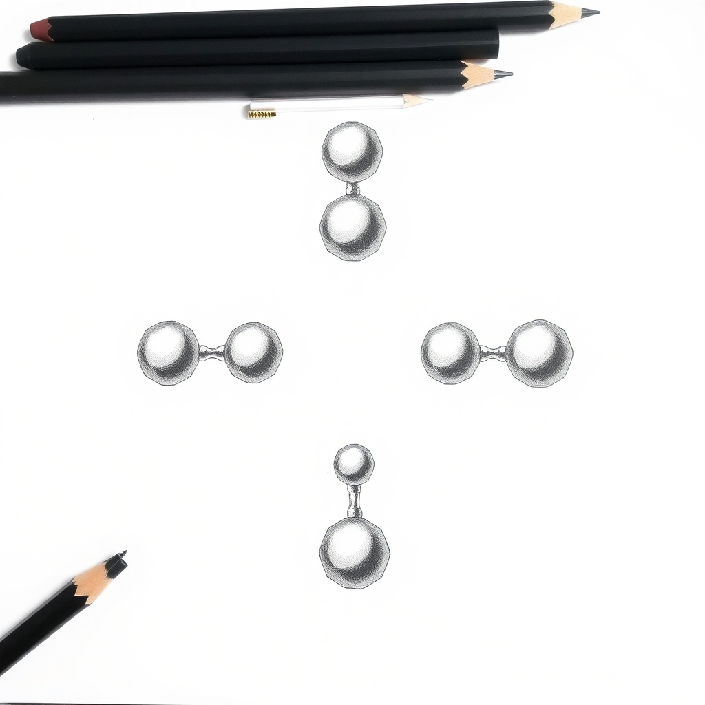 A molecule consisting of five connected atoms in a ring, with an extra atom above and below in three-dimensional space, drawing, impossible, pencil, black and white