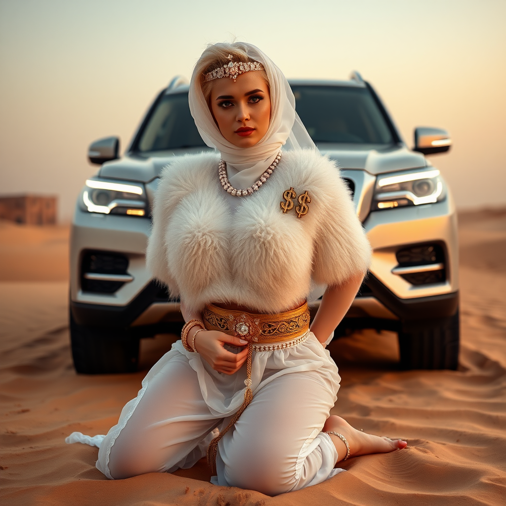 Kuwait desert dunes misty dawn, full size luxury SUV: Melissa, European 17 years old very convincing femboy “trophy-bimbo”, tamed servile docile, very beautiful feminine flawless face, rather short, by hormones very curvaceous womanly figured, platinum blond short tight curls, bold red lips, heavily made-up face, wearing Supertanya-style fluffy very fuzzy bright white angora turtleneck-poncho cropped ending under bust decorated with pearls and gemstones, striking oriental wide gold bridal protection belt, white fully transparent harem pants, full Oriental bridal jewelry including headpiece, white transparent Burka face veil covering noose and mouth, coin anklets, striking diamond “$$$” letter brooch on left chest, pout frustrated, hands tied behind back, kneeling in sand in front of SUV, looking at camera. Focus on face and turtleneck-poncho.