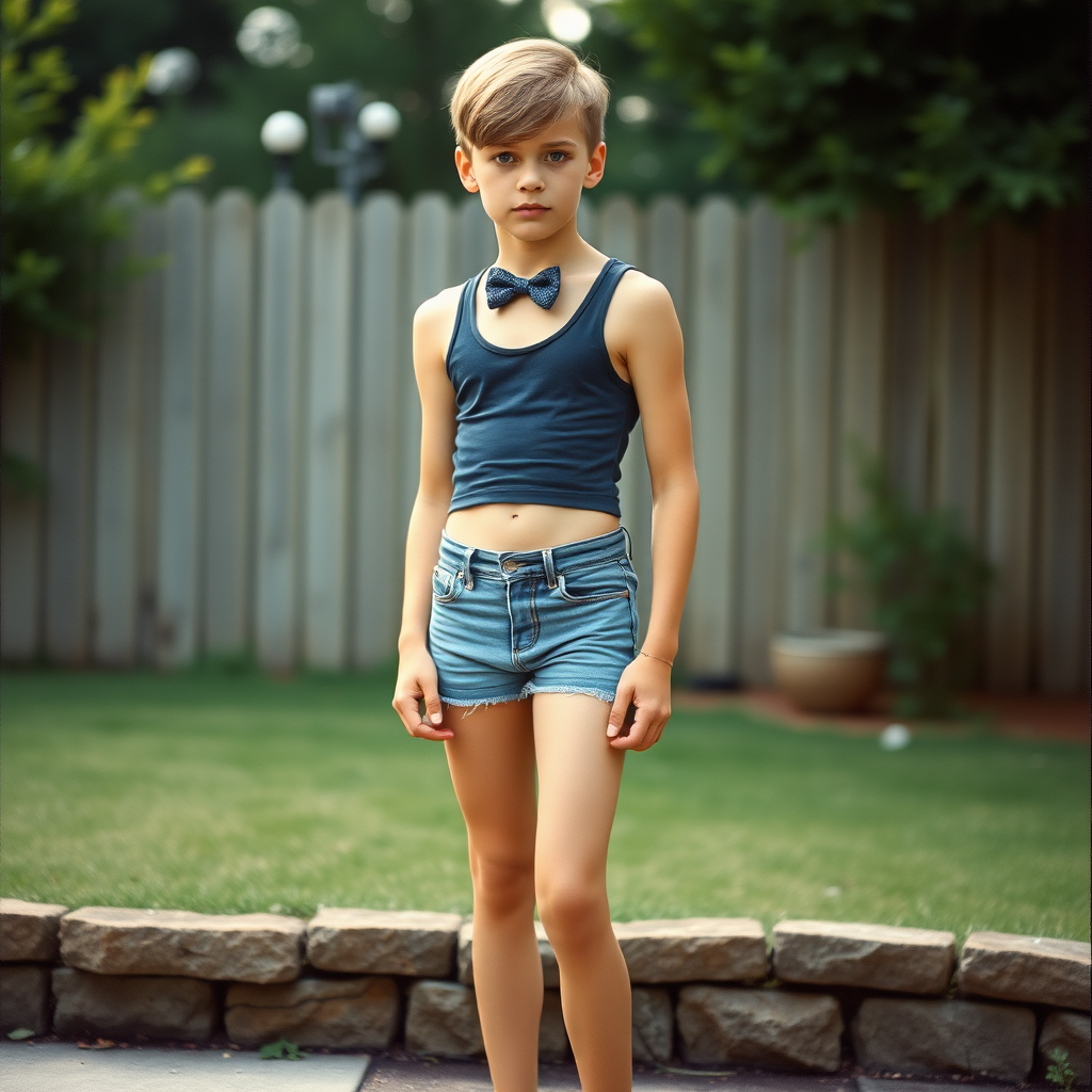 photorealistic, ultra high resolution, 16K, a tall, skinny, 14yo boy wearing crop thin tank top, denim tight booty shorts, long legs, bare thighs, bow cut. At backyard. Full length view. Vintage family photo, 1980s.