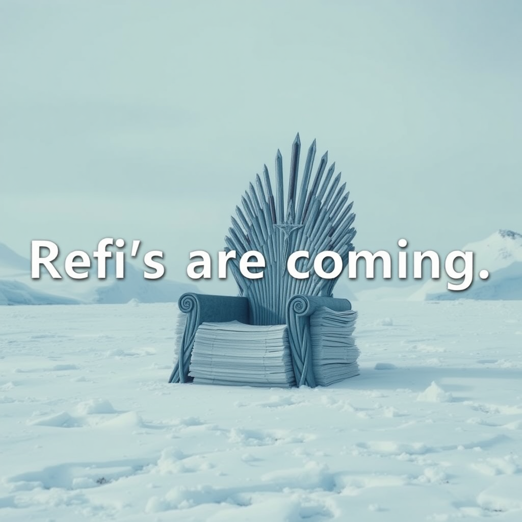 A movie scene in Antarctica depicting the Game of Thrones sword chair made out of stacks of paper. The text in the background says “Refi’s are coming.” Epic theme and high-quality cinematic elements. No animals or people.