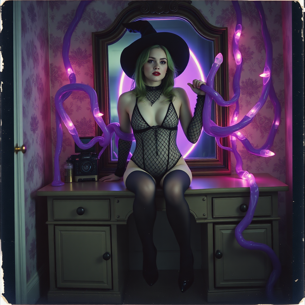 Scan of an nsfw old polaroid photograph with visible wear and heavy vignetting and blue color tint and light leaks, depicting a sexy pale curvy alt goth girl with green hair wearing skimpy fishnet black bodysuit and gstring revealing her nipples and wearing black stockings and high heels, sitting on a builtin vanity with mirror in old house with wallpaper on walls with her knees spread apart.  Camera flash used.  Dark lighting.  Moody and hazy.  Grunge look.  Erotic.  Nude. Pink Christmas Lights on wall.  She is wearing a witch hat and is being restrained by giant glowing translucent slimy jello like purple vines dripping goo coming from inside glowing purple portal in the mirror, wrapping tightly around her arms and legs and torso.  The vines are pulling her back towards the mirror.