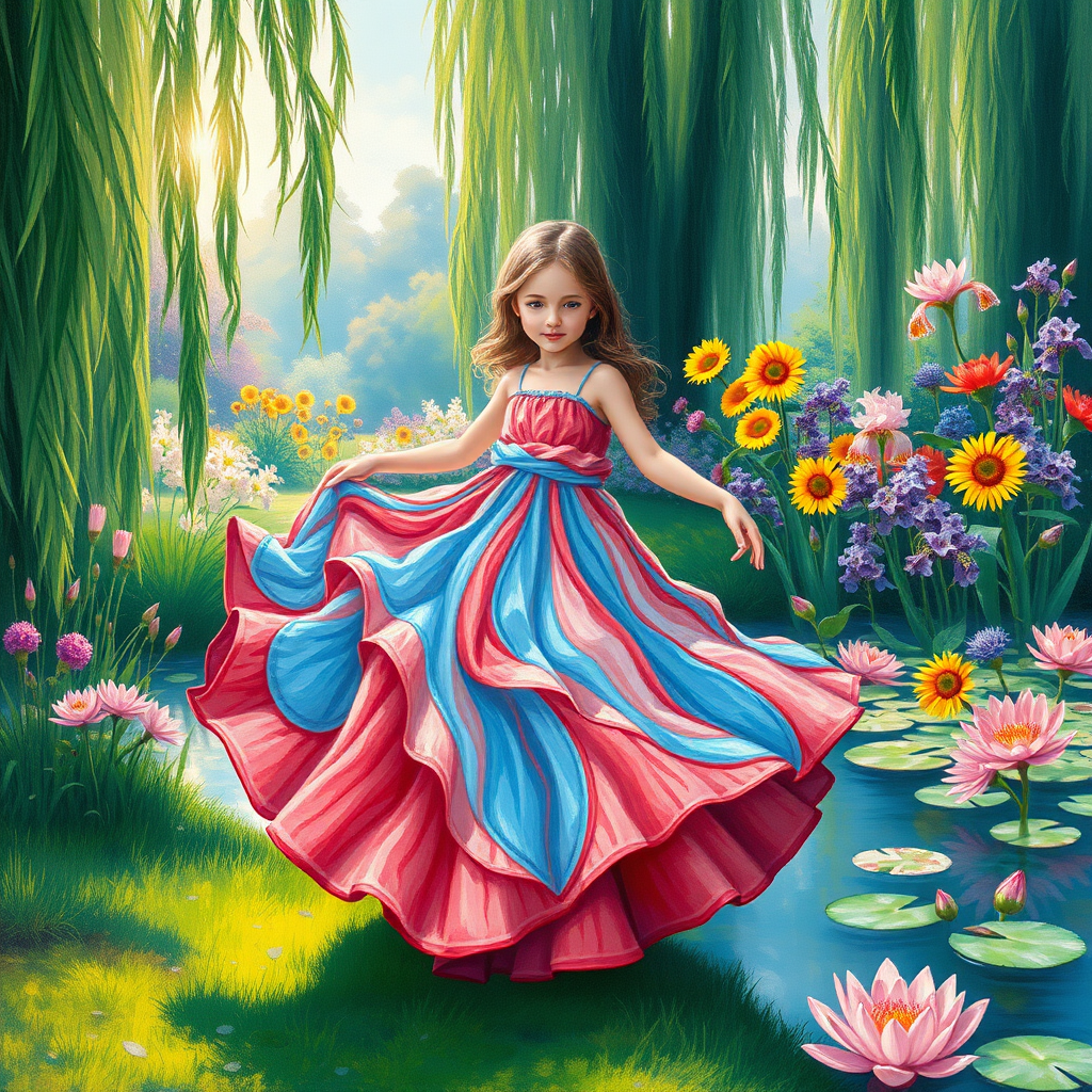 In a lush, idyllic garden inspired by Claude Monet's enchanting water lily paintings, a young girl stands gracefully at the forefront, her oversized dress flowing like a cascading waterfall of vibrant colors. Each intricate layer of her dress appears to come alive with the swirling patterns of cerulean blues, soft lilacs, and bright corals, creating a delightful contrast against the soft greens of her surroundings. The thick, textured gouache brings forth a tactile quality, with the paint almost seeming to leap from the canvas, while the impressionist brush strokes capture the movement of a gentle breeze that rustles the petals of nearby flowers.

Bathed in the soft glow of the afternoon sun, the garden buzzes with life; dappled light filters through the boughs of ancient willow trees, their long, emerald tendrils dipping into the glossy surface of a tranquil pond. Reflections shimmer like gemstones, mirroring the exuberant blossom of lilypads. The air is fragrant with the sweet scent of blooming roses and lilacs, while the delicate sound of bees humming harmoniously dances in the warm breeze.

Beyond the girl, vibrant splashes of color burst forth—sunflowers stand tall and proud, their golden petals a stark contrast against the deep indigo of a distant sky, while irises bloom in regal shades of violet and regal blue, adding further depth to the scene. Each element draws attention to the girl's whimsical pose as she twirls playfully amid this overwhelming explosion of nature's artistry. The artwork is presented in stunning 8k resolution, inviting onlookers to explore every minute detail, from the soft sheen of her dress to the rich textures of the flora surrounding her—each aspect blending seamlessly in an impressionist symphony that feels palpably alive.