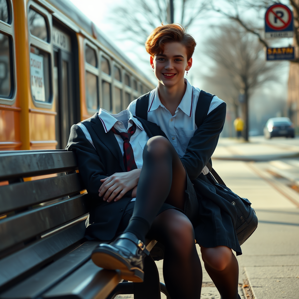 photorealistic, ultra high resolution, 16K, surreal fantasy, soft studio lighting, a pretty 18 year old goth male, slim male physique, auburn hair, goth makeup, earrings, shiny black pantyhose, UK girls-school uniform, Mary-Jane shoes, sitting on his boyfriend's lap on a bench waiting for the school bus, in daylight, excited smile, facing the camera.