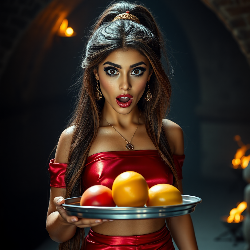 realistic photo of a surprised Arabian model with mouth open. She has very large eyes, black eyeshadow, black eyeliner, fake eyelashes, very tanned skin, very long hair. very high ponytail, she look likes princess jasmine, shinny red off shoulder crop top. photo realistic. She holds a metal tray with fruits just above her waist. crop top, shinny red skirt. full body view. shinny red pencil skirt. dungeon with fire torches in the background.