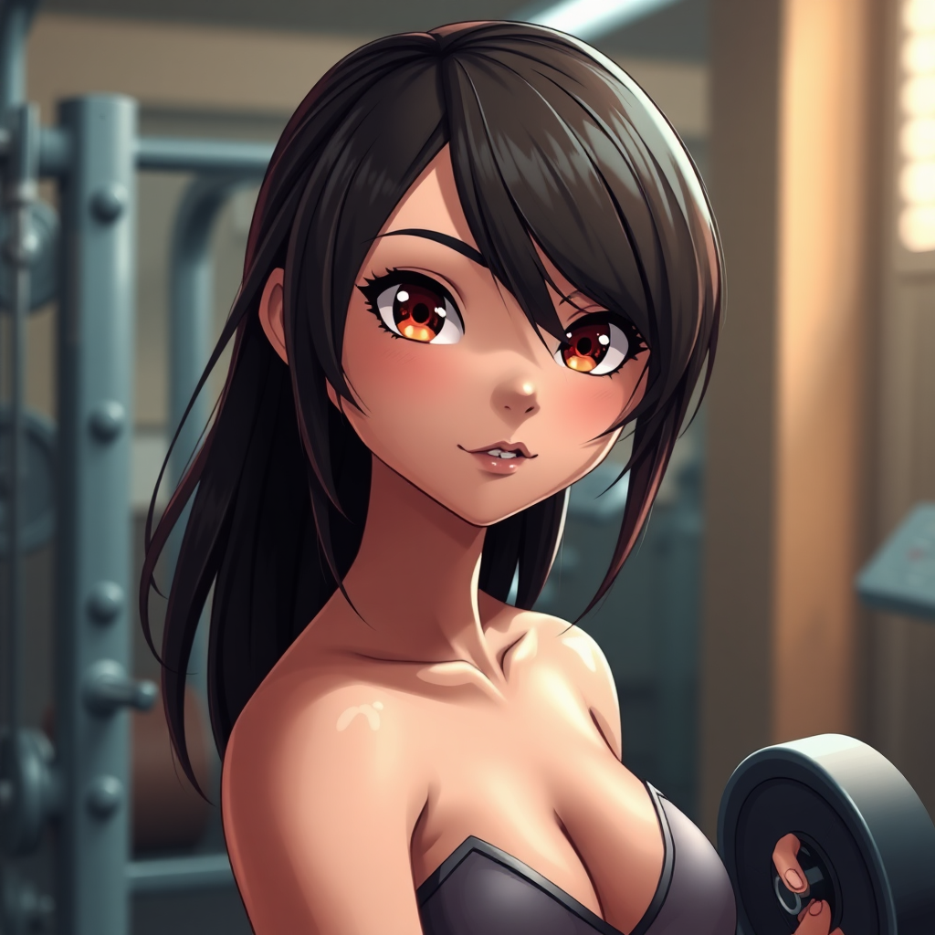 Animated porn style image, cute fit brunette girl, short hair, gym, sweaty, highly detailed, masterpiece, professional photo, extreme details, high resolution, hdr