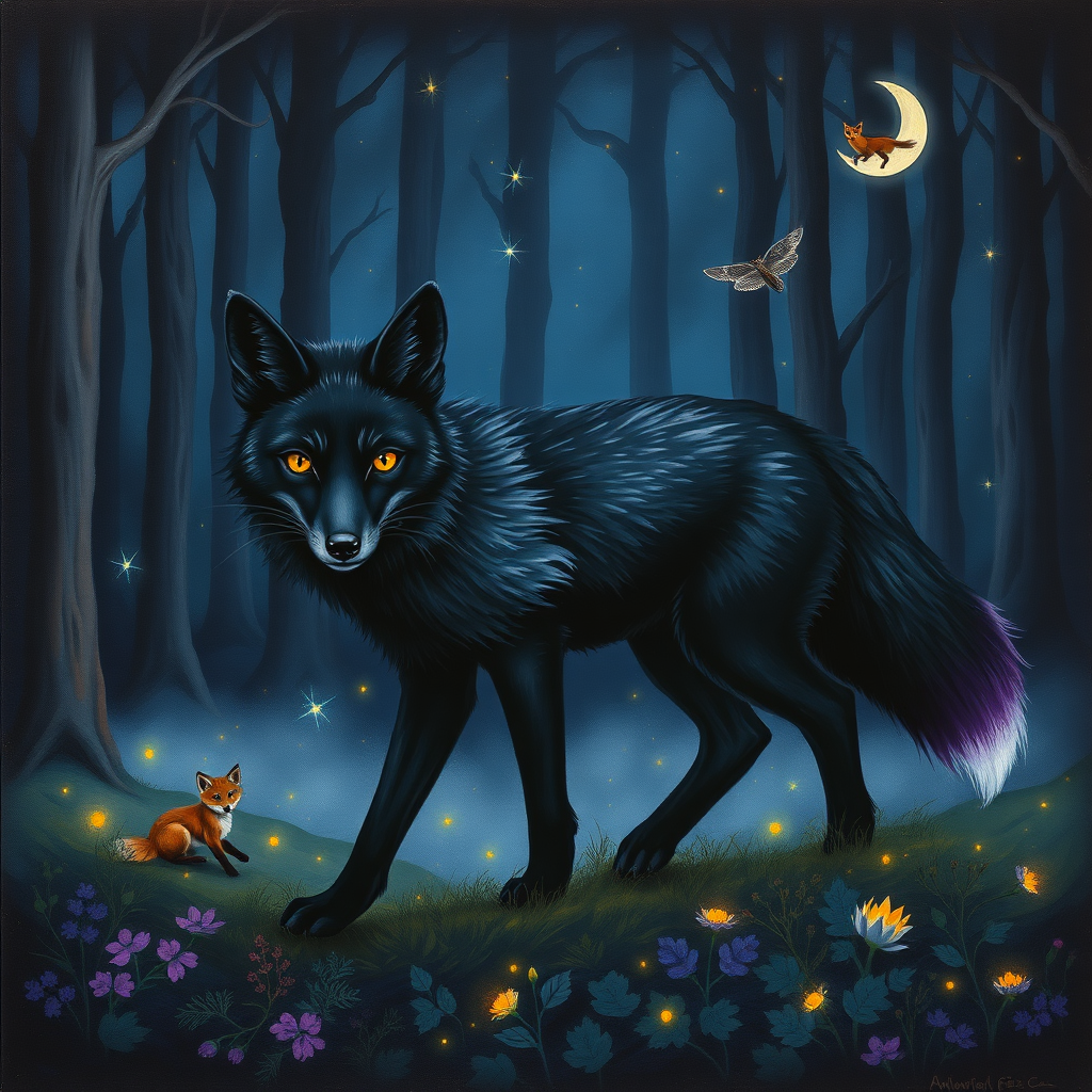 A detailed and intricate oil painting of a black fox with deep purple eyes and tail tip, the fox is walking through a misty dark forest at night with fireflies, stars, trees, fox, and more.