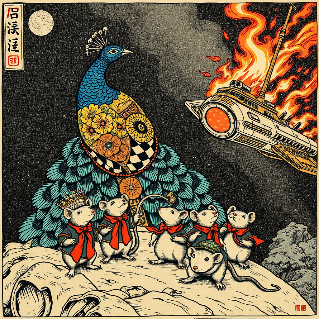 A tattooed peacock saving well-dressed rats from a burning spaceship, Chinese woodcut.