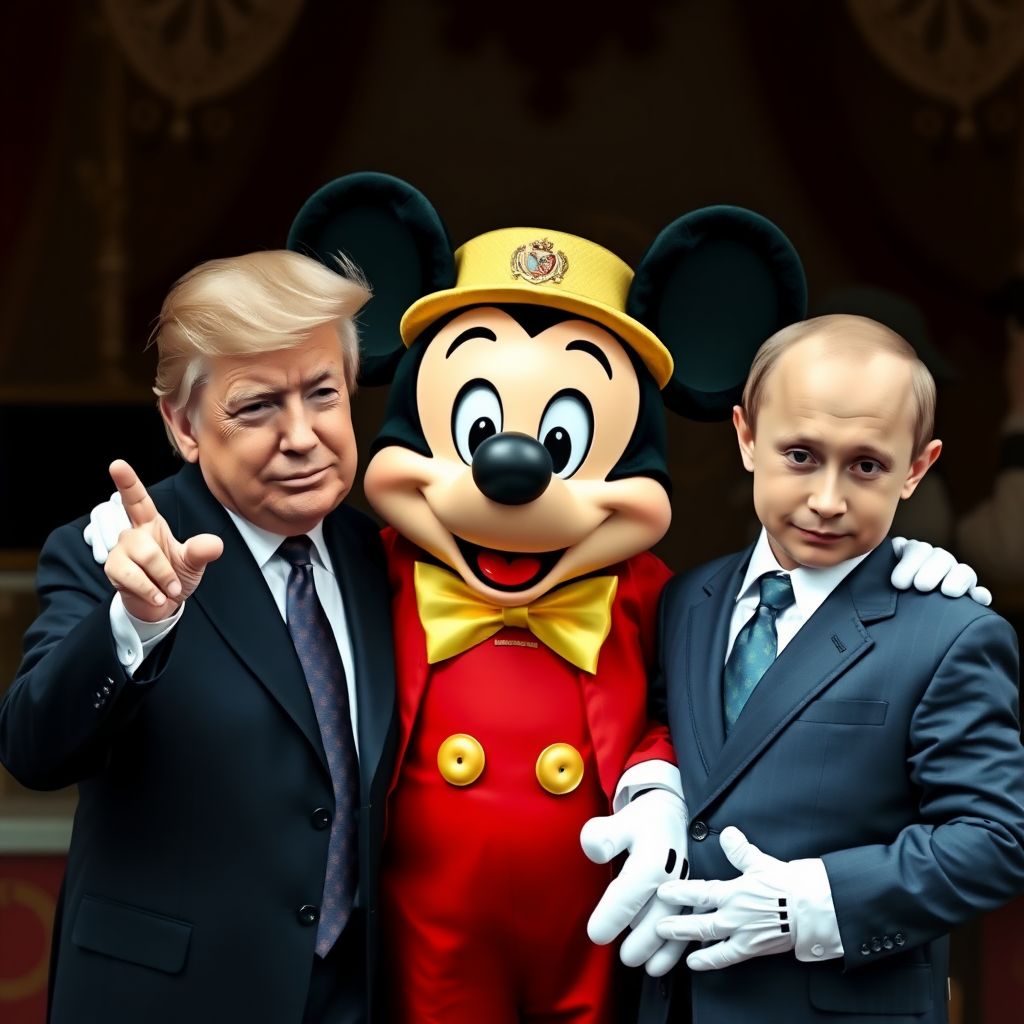 a photorealistic picture of Mickey Mouse posing with Donald Trump to his left and Vladimir Putin on his right, who are both dressed up as if they were children visiting Disneyland