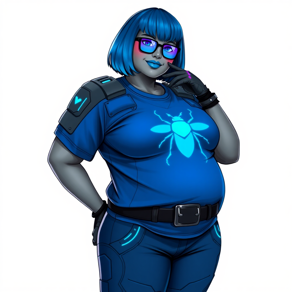 A 28-year-old, full-figured, metallic middle gray skinned computer program hybrid with a vibrant maximum blue bob cut. She has a non-athletic build, highlighted by a prominent, round, large midsection (fully emphasizing her round large belly) while being covered by her large t-shirt, reflecting her new junk food eating habits influenced by her boyfriend. As the full-figured, nerdy, digital sidekick to her cyberpunk vigilante boyfriend, her middle gray metallic skin and maximum blue lipstick underscore her digital essence. She dons a digital, computerized outfit: a large, tight-fitting, high-tech, maximum blue t-shirt with neon blue glowing beetle themed accents complete by a giant neon blue glowing beetle icon on the chest, hi-tech shoulder pads with neon blue accents, a black hi-tech belt with a digital neon blue glowing buckle, digital maximum blue pants with neon blue accents, and black hi-tech gloves with neon blue glowing accents. Her neon blue glowing eyes, black eyeglasses with neon blue glowing lenses equipped with a built-in HUD, and shy smile with neon red blush highlight her nerdiness. She stands bashfully with one hand behind her back and the other gently touching her cheek, her outfit covering all her bare skin and fully emphasizing her full-figured physique (especially her large belly). She is clearly non-athletic, with a heavy focus on her full-figured physique (with full emphasis on her large belly). Despite her build, she radiates beauty. Her slim face contrasts with her physique, accentuating her radiant beauty. She is set against a solid white background. She is drawn as if she were in a retro 2D cyberpunk fighting game.