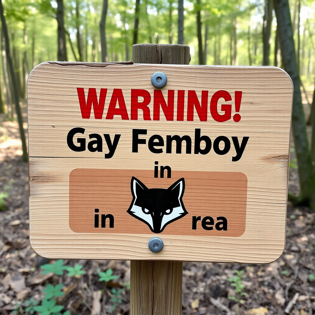 A worn wooden sign in the woods that says "Warning! Gay Femboy Fox in Area" in rainbow colours, the sign has a black minimalistic fox logo with white eyes below the text