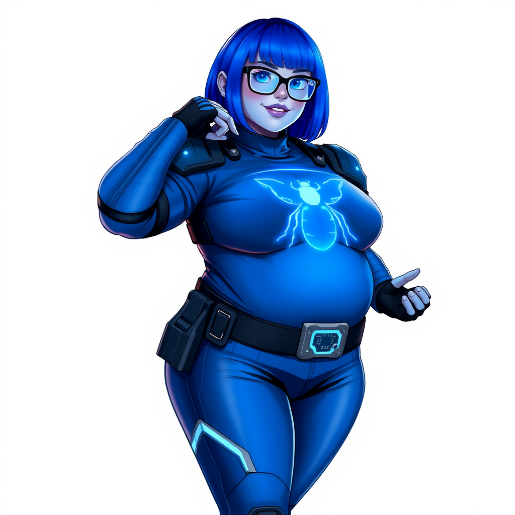 A 28-year-old, full-figured, metallic maximum blue (5PB 5/10) skinned computer program hybrid with a maximum blue bob cut. She has a non-athletic build, highlighted by a prominent, round, large midsection (with heavy emphasis on her round large belly), which shows the effects of her love of junk food acquired from her boyfriend. As the full-figured, nerdy, digital sidekick to her cyberpunk vigilante boyfriend, her metallic maximum blue skin and maximum blue lipstick (5PB 5/12) emphasize her digital nature. Her skin has a subtle, animated glow, with digital patterns occasionally flickering across it, making her digital nature obvious. She wears a digital, computerized costume, consisting of a massive, tight-fitting, maximum blue biker shirt (5PB 5/12) made out of advanced nanotech with a neon blue glowing chest icon of a beetle, hi-tech shoulder pads with neon blue accents, a black hi-tech belt with a digital neon blue glowing buckle, digital maximum blue biker pants (5PB 5/12) with neon blue accents, and black hi-tech fingerless biker gloves with neon blue glowing accents. Her neon blue glowing eyes, black eyeglasses with neon blue glowing lenses equipped with a built-in HUD, and bashful smile with neon red blush accentuate her nerdiness. She stands bashfully with one hand behind her back and the other hand gently touching her cheek, her costume covering all her skin and emphasizing her full figure (especially her round large belly). She is clearly non-athletic, with a focus on her full-figured physique. Despite her build, she radiates beauty. She has a slim face compared to her physique, accentuating her radiant beauty. She is on a solid white background. She is drawn as if she were in a retro 2D cyberpunk fighting game.