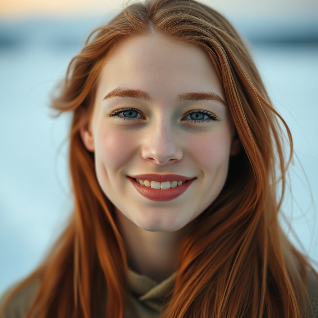 beautiful young woman with ginger long hair, full lips, pale skin, on Alaska, smiling