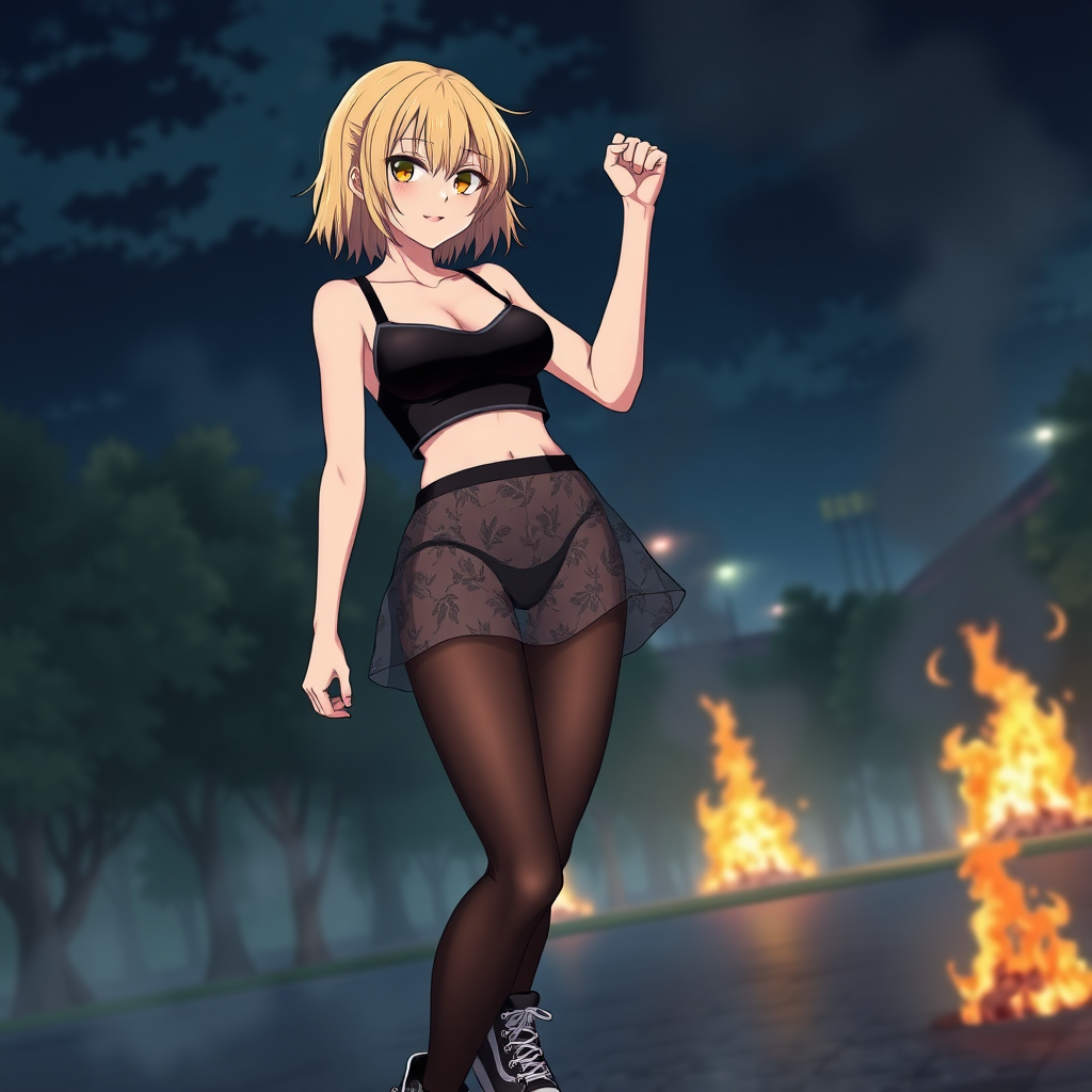 Anime art of a woman, medium blonde hair, a black, sleeveless crop top that reveals the woman's black bra and a high-waisted, patterned transparent mini skirt that showcases a mix of black and white colors and black underwear. She is also wearing black sheer tights and black sneakers with white laces, raised fist. Park on fire at night from riots background.