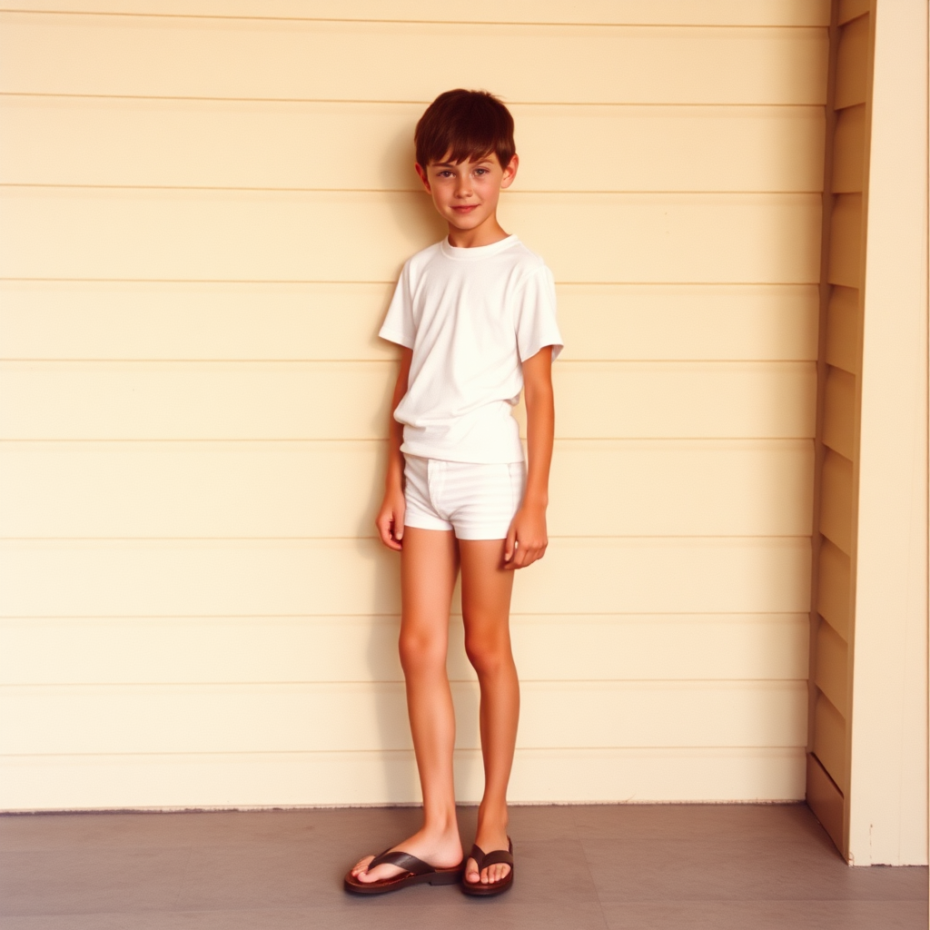 A tall skinny 12yo teen boy wearing a t-shirt, tight booty shorts, sandals. Long legs, bare thighs, narrow hips. 1980s.