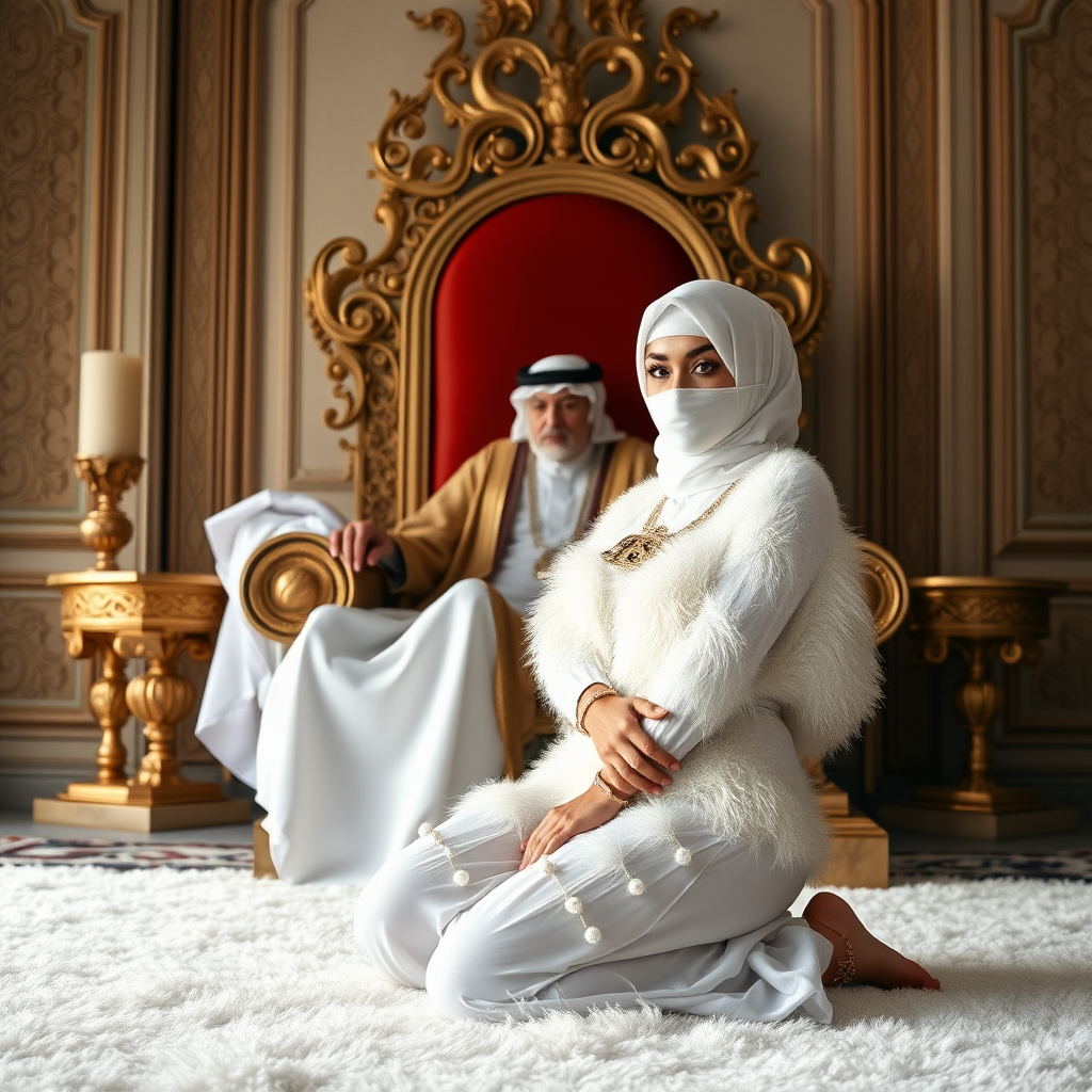 Kuwait desert palace throne room, old overweight mighty sheik sitting on throne. In front of throne, kneeling on white fluffy carpet: Melissa, European 17 years old very convincing femboy “trophy-bimbo”, tamed servile docile, rather short, by hormones very curvaceous womanly figured, platinum blond short tight curls, heavily made-up eyes, wearing Supertanya-style fluffy very fuzzy bright white angora turtleneck-poncho cropped ending under bust decorated with pearls and gemstones, striking oriental wide gold bridal protection belt, white fully transparent harem pants, full Oriental bridal jewelry, face covered by white sheer full Burka, coin anklets, striking diamond “$$$” letter brooch on left chest, pout frustrated, hands tied behind back, looking at camera. Focus on face and turtleneck-poncho.