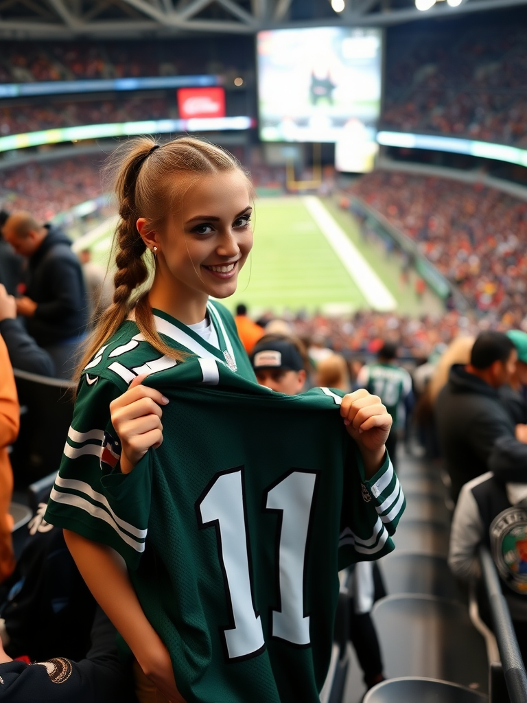 Attractive female NFL fan, pigtail hair, enthusiastic, inside crowded bleacher row, holding a spare jersey and asking for an autograph, NFL stadium