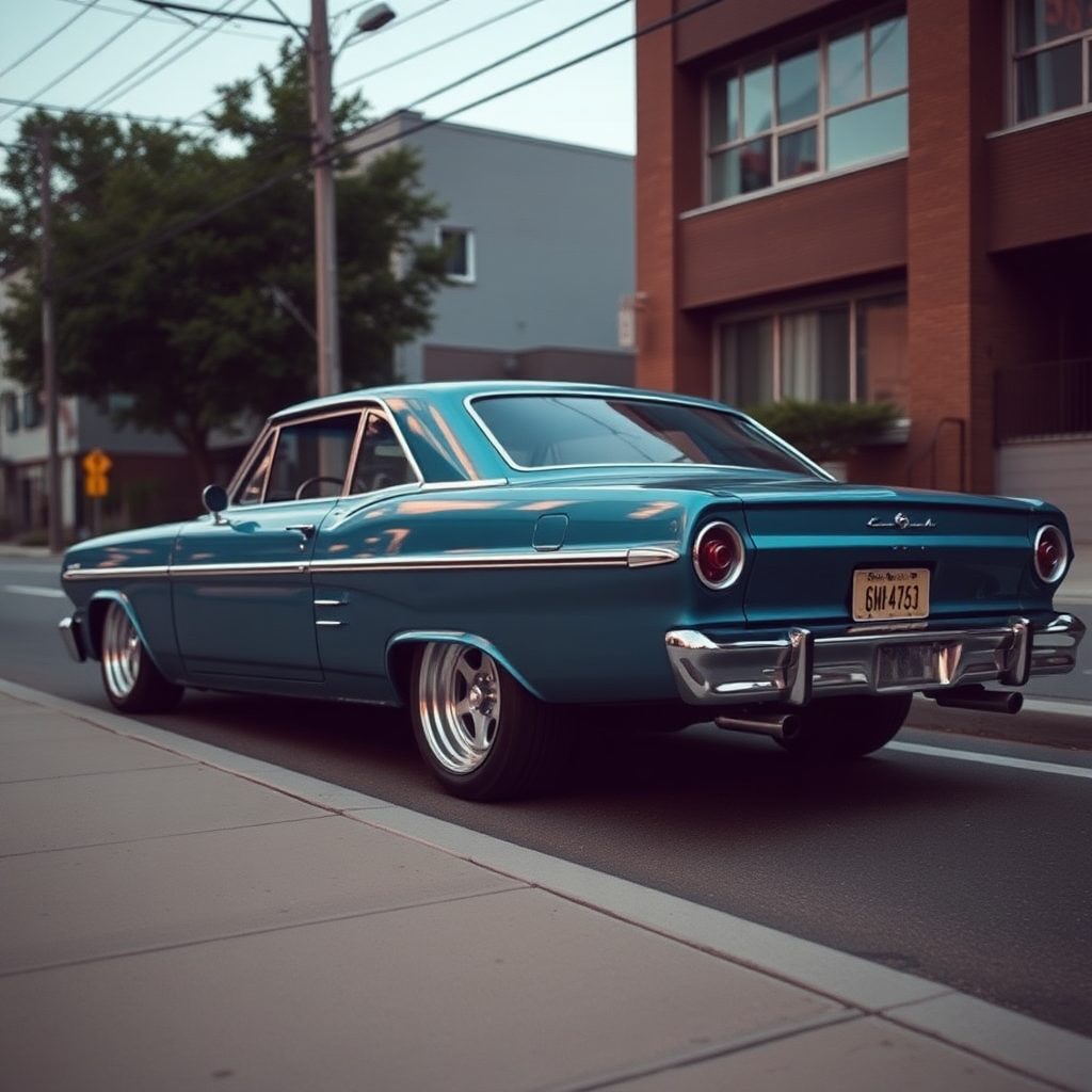 the car is parked on the side of the road, inspired by Taiyō Matsumoto, tumblr, restomod, nd4, c4 metallic shine classic american low rider ford