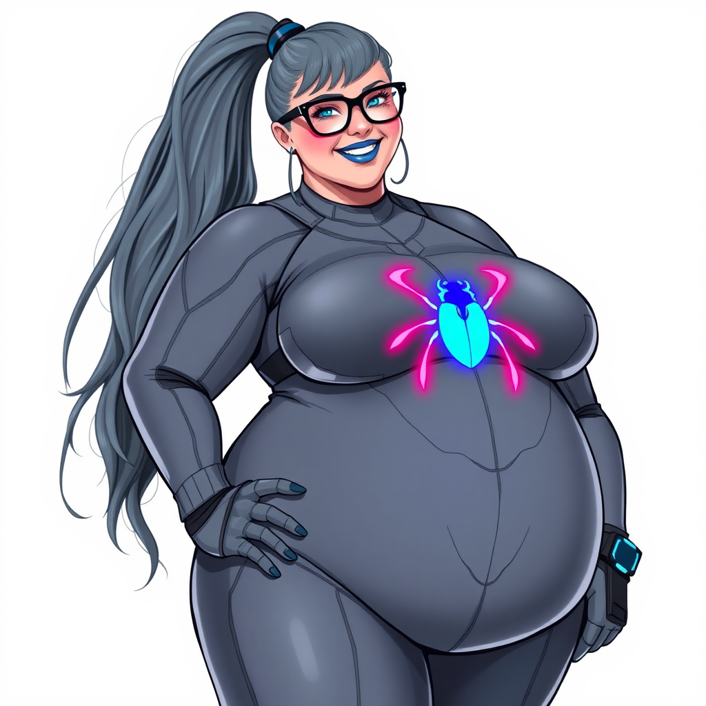 A 28-year-old computer science major embracing her new life as her cyberpunk vigilante boyfriend's nerdy, full-figured middle gray-skinned computer program hybrid girlfriend with a long, middle gray ponytail. She wears maximum blue lipstick and has bright blue eyes. Her outfit includes a digital, computerized, middle gray bodysuit (accentuating her gargantuan midsection) featuring a neon blue glowing beetle chest icon. She sports black eyeglasses, with a beaming smile and neon red blush. Her full figure reflects the doting care of her vigilante boyfriend. She uses her power to hack into computers and machines to serve as her hero's minicomputer operating out of his hi-tech wristwatch and supercar's supercomputer. The background is solid white. She has a prominent, round, gargantuan midsection. Her midsection is bloated, expanded, and broadened to emphasize her physique. Her middle gray metallic skin shows her digital nature. She is drawn as if she was in a retro 2D cyberpunk fighting game.