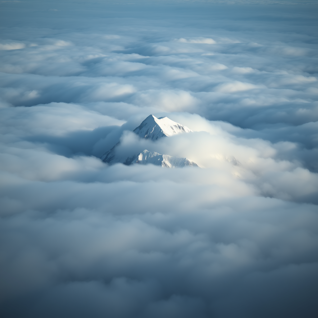 A serene mountain peak emerging from a thick blanket of soft, swirling clouds. The scene captures a sense of tranquility and isolation, with the mountain partially shrouded in mist, creating an air of mystery. The mountain’s summit is capped with glistening snow, contrasting against the muted gray and blue hues of the clouds. The overall aesthetic leans towards hyperrealism, emphasizing the details of the snow and the textures of the clouds. The atmosphere feels ethereal and tranquil, evoking emotions of solitude and reflection in a high-altitude landscape. The setting is bathed in natural light, enhancing the wintry feel and the cool color palette, with subtle gradients transitioning from dark gray to lighter shades around the mountain, creating depth and dimension.