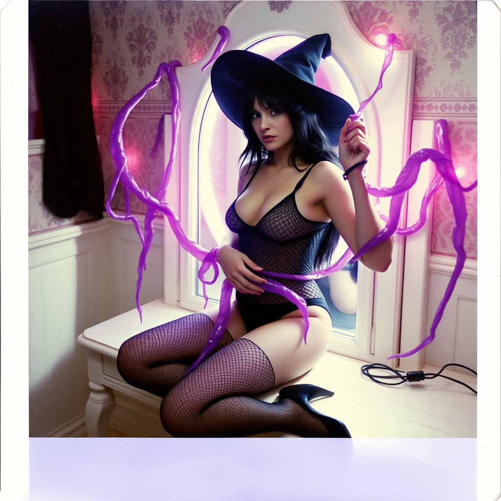 Scan of an nsfw old polaroid photograph with visible wear and heavy vignetting and blue color tint and light leaks, depicting a sexy pale curvy alt goth girl with black hair wearing skimpy fishnet black bodysuit and gstring revealing her nipples and wearing black stockings and high heels, sitting on a builtin vanity with mirror in old house with wallpaper on walls with her knees spread apart. Camera flash used. Dark lighting. Moody and hazy. Grunge look. Erotic. Nude. Pink Christmas Lights on wall. She is wearing a witch hat and is being restrained by giant glowing translucent slimy jello like purple vines dripping goo coming from inside glowing purple portal in the mirror, wrapping tightly around her arms and legs and torso. The vines are pulling her back towards the mirror.