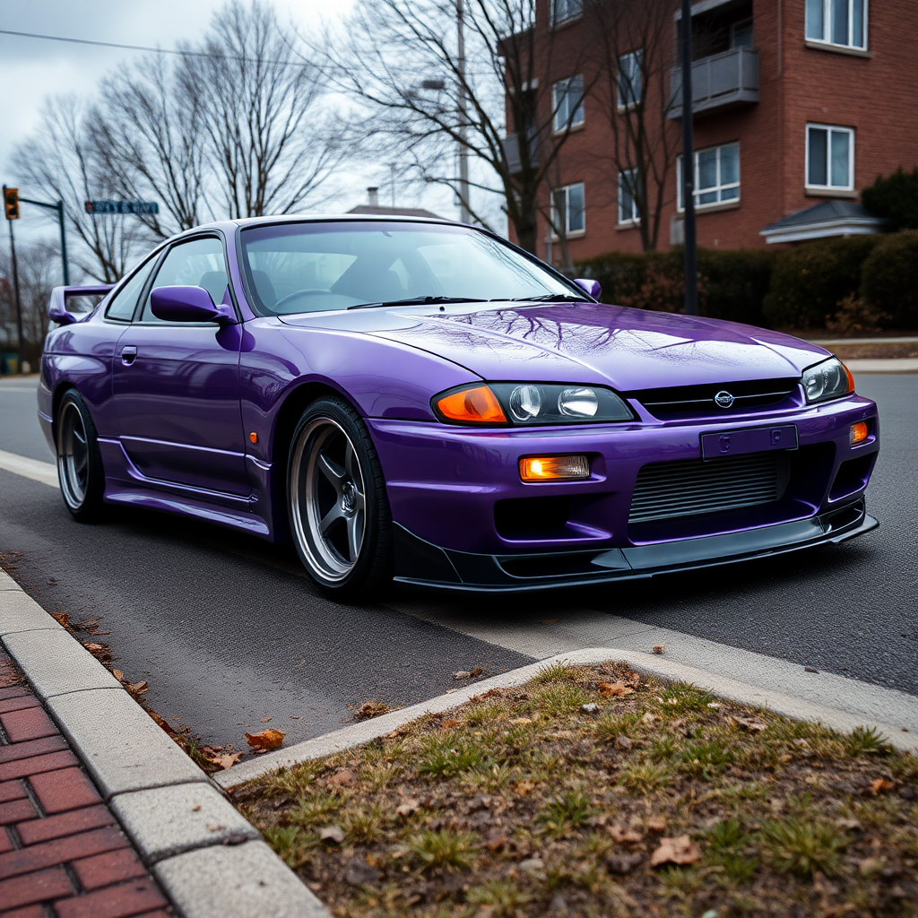 camelonn purple nissan silvia s14 the car is parked on the side of the road, inspired by Taiyō Matsumoto, tumblr, restomod, nd4, c4 cold colors