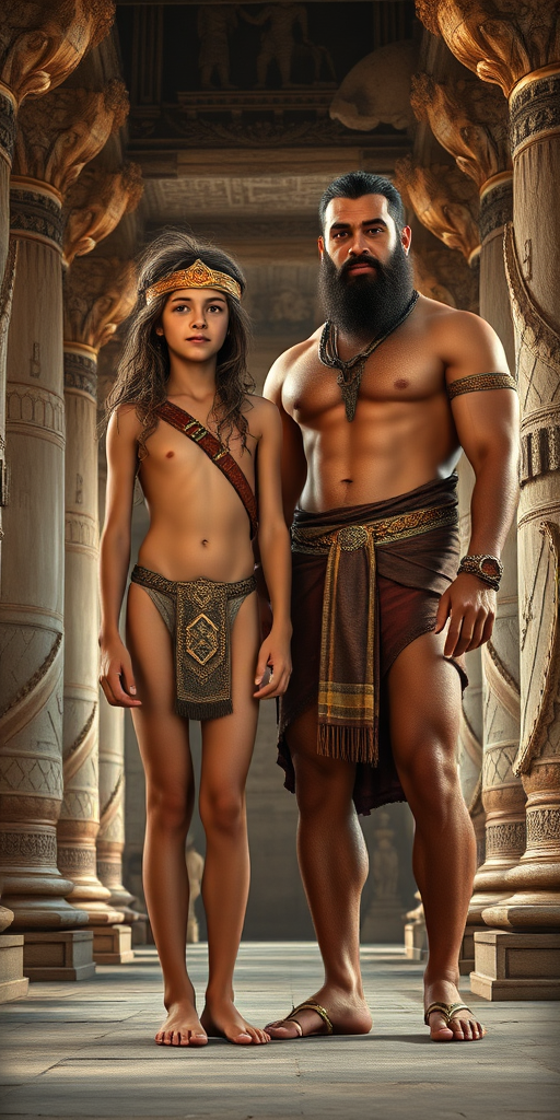 photorealistic, ultra high resolution, 16K. Ancient Babylonians. A skinny 14-years-old teen boy, very long hairs, long legs, bare thighs. With a giant strong muscular slightly bearded young adult man. In ancient temple. Full length view.