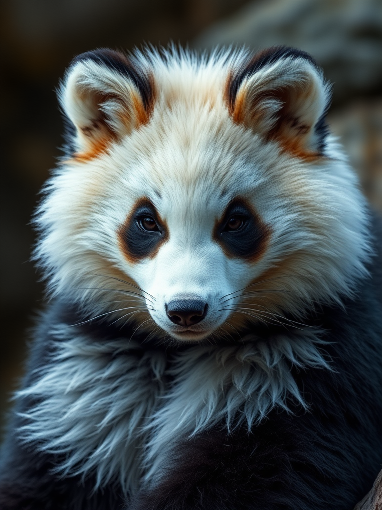 A photorealistic picture of an animal that is a mix of a panda and a silver fox.