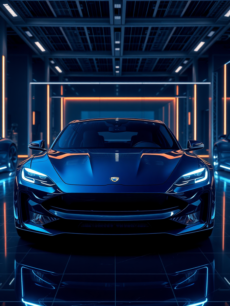 Electric car, high quality, highly detailed, cybernetic, mysterious and luxurious background drawn around the electric car displayed in the showroom, the overall color is dark blue for luxury