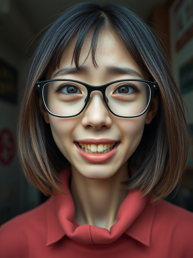 detailed, perfect proportion, high realism, real casual photo, japanese nerdy skinny woman with big nose, big mouth, big yellowish teeth, moles, big eyeglasses and medium hair, retarded, crying