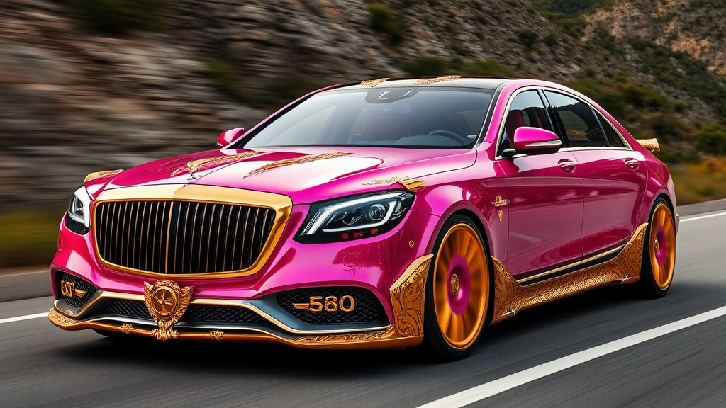 futuristic maybach s680 sedan ,A luxurious,pink and gold-plated car adorned with intricate, ornate designs and carvings. The vehicle features prominent headlights and a distinctive front grille,  mountains road motion blur