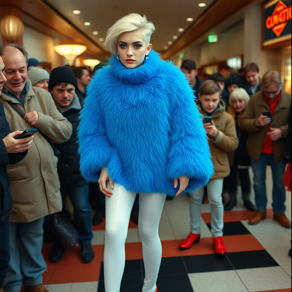 1990 winter afternoon daylight, crowded cinema lobby: Sam, 19 years old beautiful involuntary femboy, rebellious intractable character, short petite boyish figure, platinum blond boyish rebel punk hairstyle, flawless heavily made-up face with sharp arched tattooed eyebrows, wearing Supertanya-style fluffy very fuzzy bright blue angora thigh-length turtleneck-poncho fully covering body and arms, white shiny leggings, red leather high-heeled pumps, silver earrings, puzzled alarmed, pout serious, impatiently waiting for her master. Surrounded by much taller male visitors watching laughing taking pictures. Full view of scene.