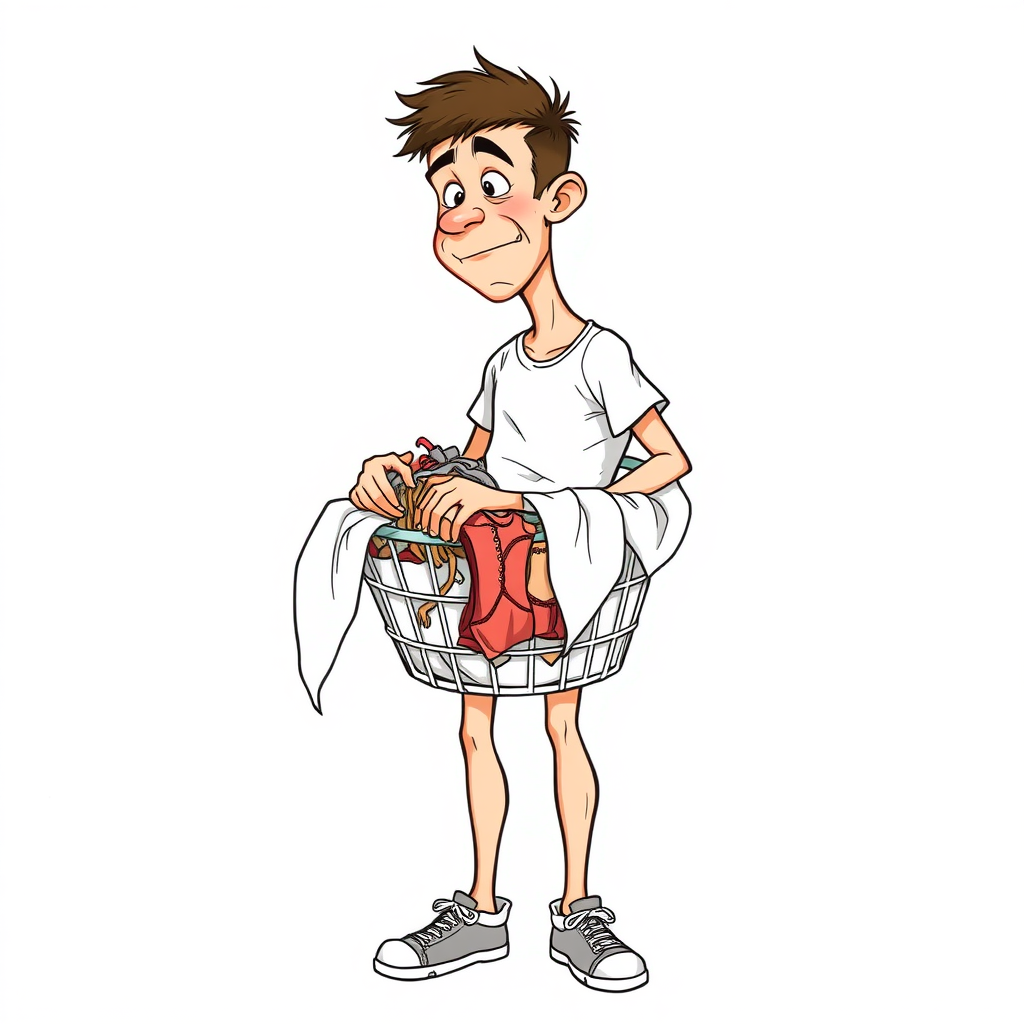 nervous short 20 year old European skinny man, short white t-shirt, standing, stunned, mesmerized, joyful, aroused, heavy drooling, heavy sweating, fumbling through a small dirty laundry basket full only of sexy woman heavily stained worn lingerie, detailed fabric, side view, sneakers, detailed feet, 2D, caricature, cartoon, Sketch lines, coloring book, coloring book