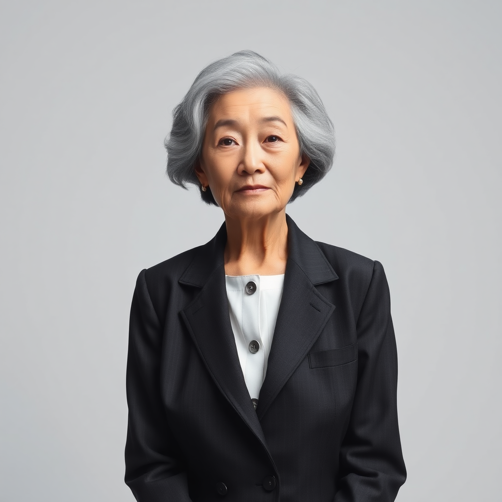 80 age old korean woman, front, woman suit, photo studio background, black and white hair,