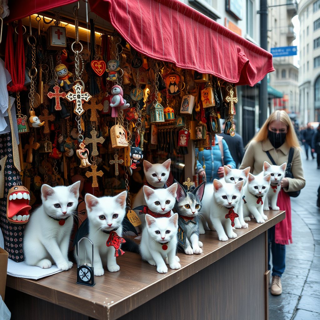 A street stall staffed by white kittens filled with kitschy keychains for tourists in hell, cats, Catholic, vampire, cross, tacky, rainbow, raining, weird, post-apocalypse.