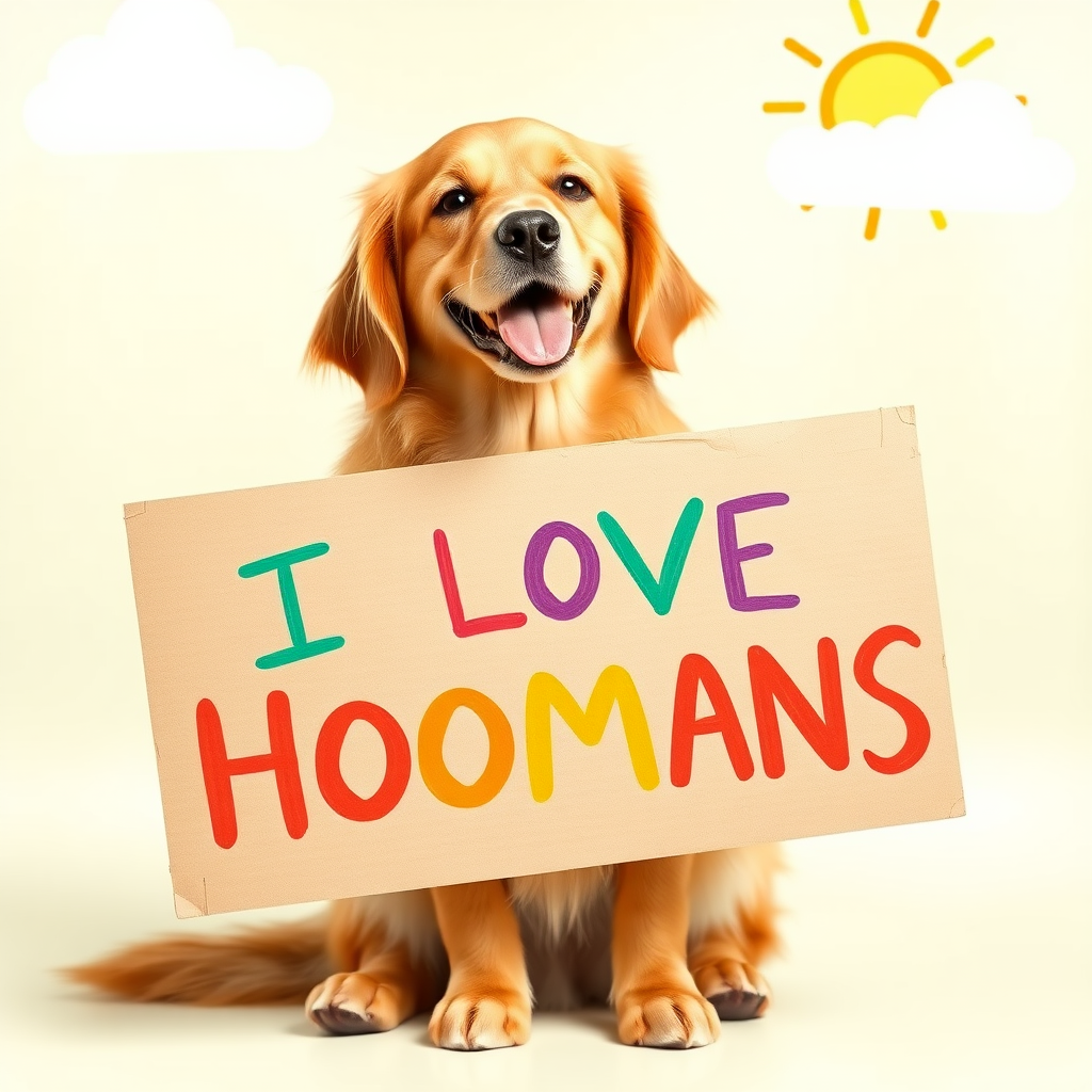 (A golden retriever dog) sitting on its hind legs and holding a (large cardboard sign with the text I LOVE HOOMANS written on it in colorful, childlike handwriting), the dog has a happy, friendly expression on its face and is surrounded by a (bright, cheerful background with clouds and sunshine).