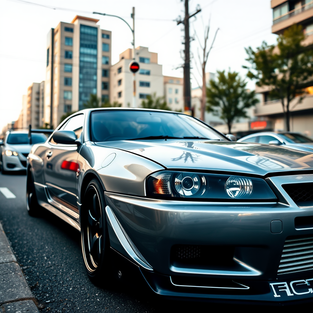 The car is parked on the side of the road, inspired by Taiyō Matsumoto, tumblr, restomod, nd4, c4 metallic shine gray black nissan skyline r34 tokyo arkaplan hatasız tam eksiksiz ayrıntılı genel gerçek detaylar en iyi fotoğraf poz sinematik hafif yağış su damlalar yansıma ıslak yol need for speed tarzı body kit