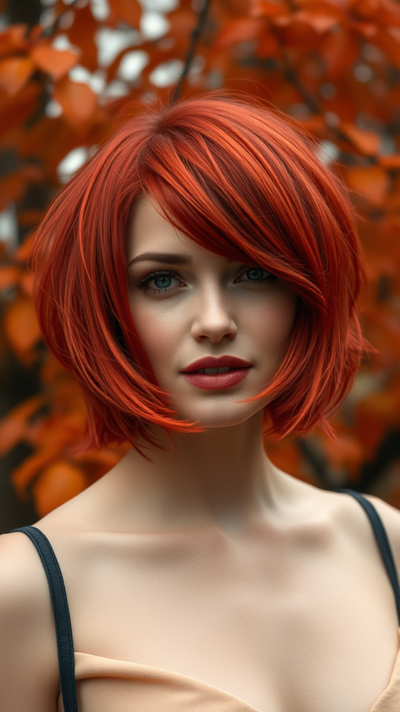 Kate Moss with Bouncy Bob hair, poppy red color, against a backdrop of autumn chestnut foliage, in high definition.