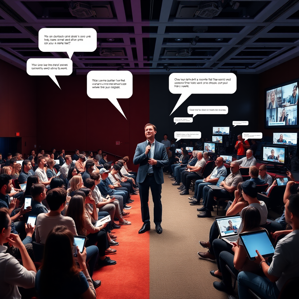 A visually striking split-screen image. On the left side, an in-person event scene with attendees seated in a modern auditorium, some raising hands or holding devices with screens illuminated. Speech bubbles appear above them with snippets of comments. On the right side, individuals from various locations watch the event on laptops, tablets, and phones, with chat messages appearing next to them. At the center, the two sides merge seamlessly where the host stands, showing all interactions converging into a unified live event. One host split between the two.