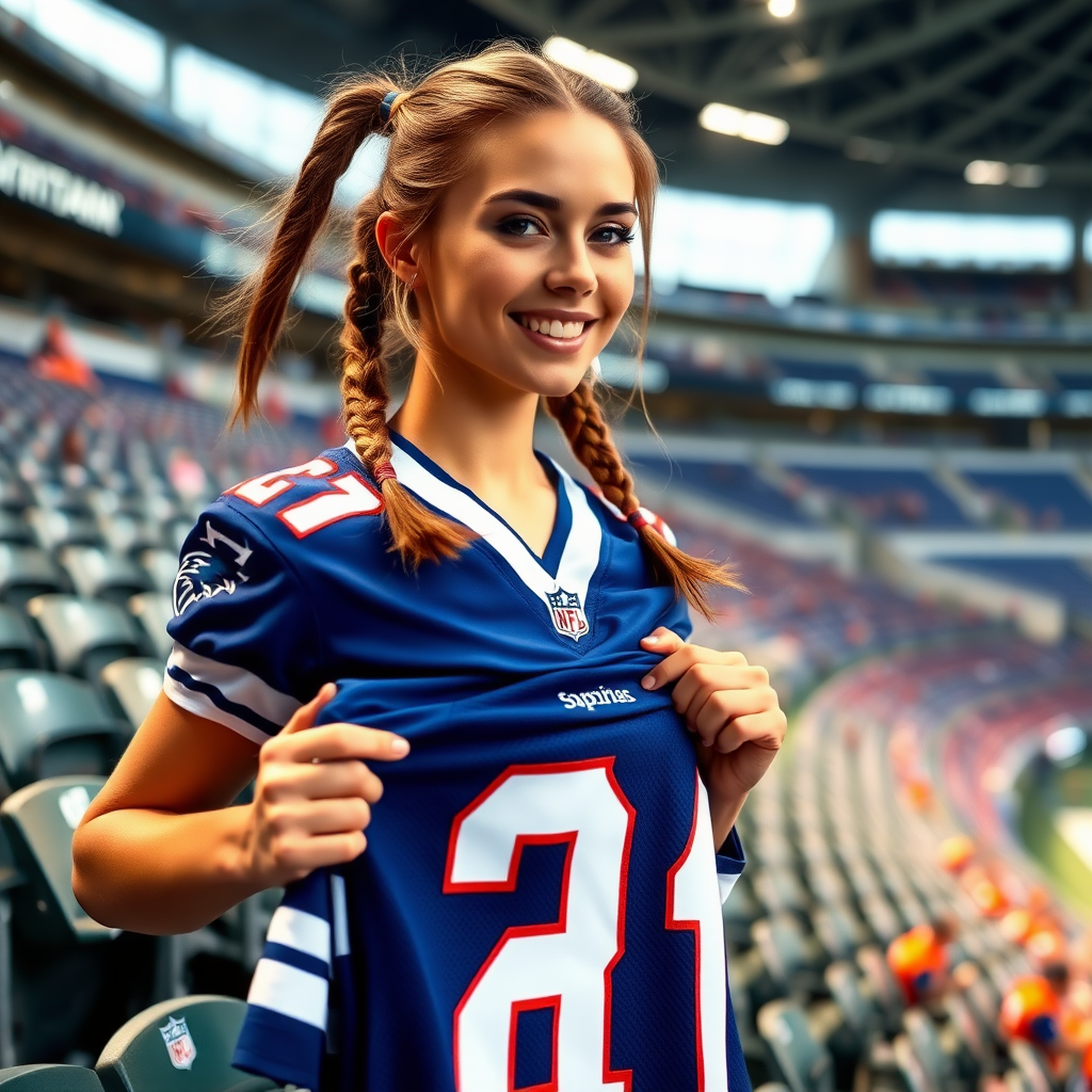 Attractive female NFL fan, pigtail hair, inside stadium bleachers, holding a spare jersey