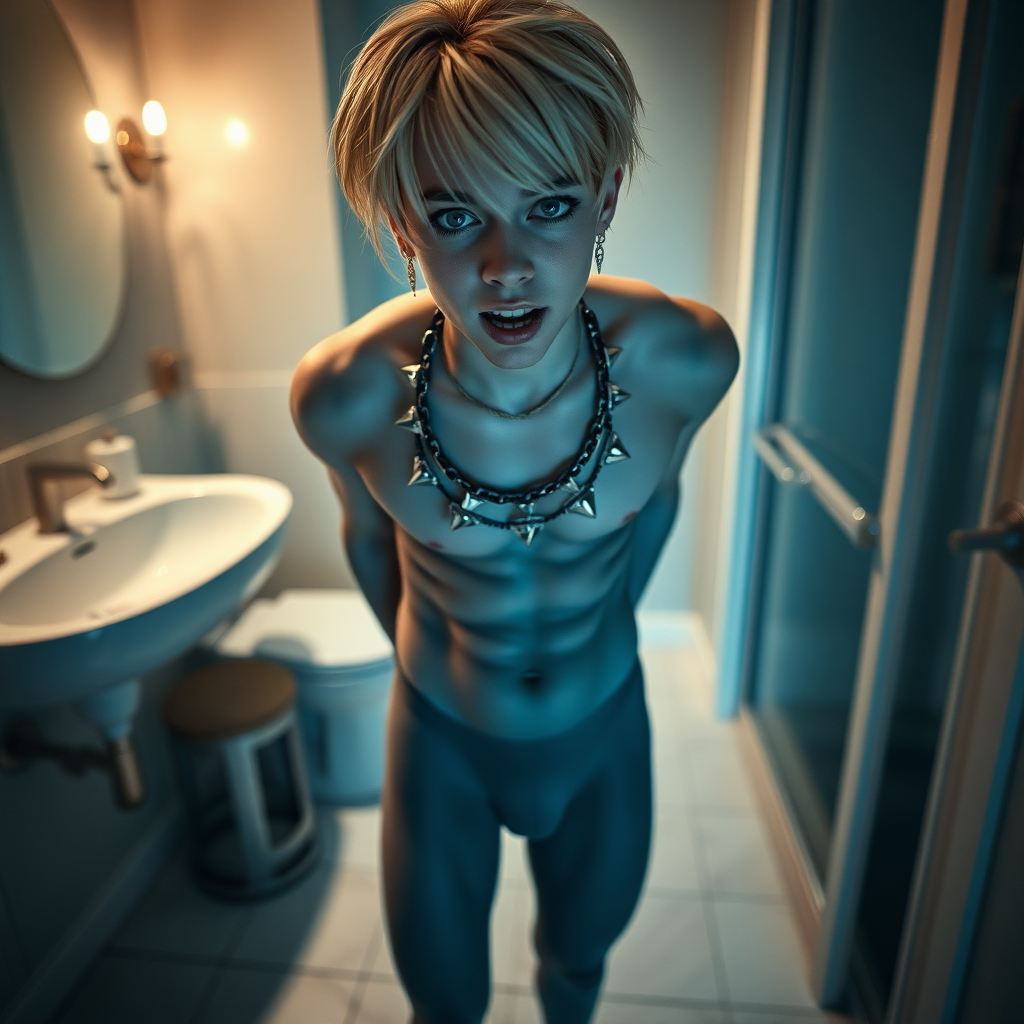 photorealistic, ultra high resolution, 16K, surreal fantasy, soft studio lighting, Caleb Swift is a pretty 16 year old goth male , slim male physique, blonde hair, blue eyes,  goth makeup,  earrings,  grey pantyhose body suit, spikey neck collar with chain,  standing on the floor of the bathroom , excited mouth, bulging crotch, full body front view of Caleb facing the camera.