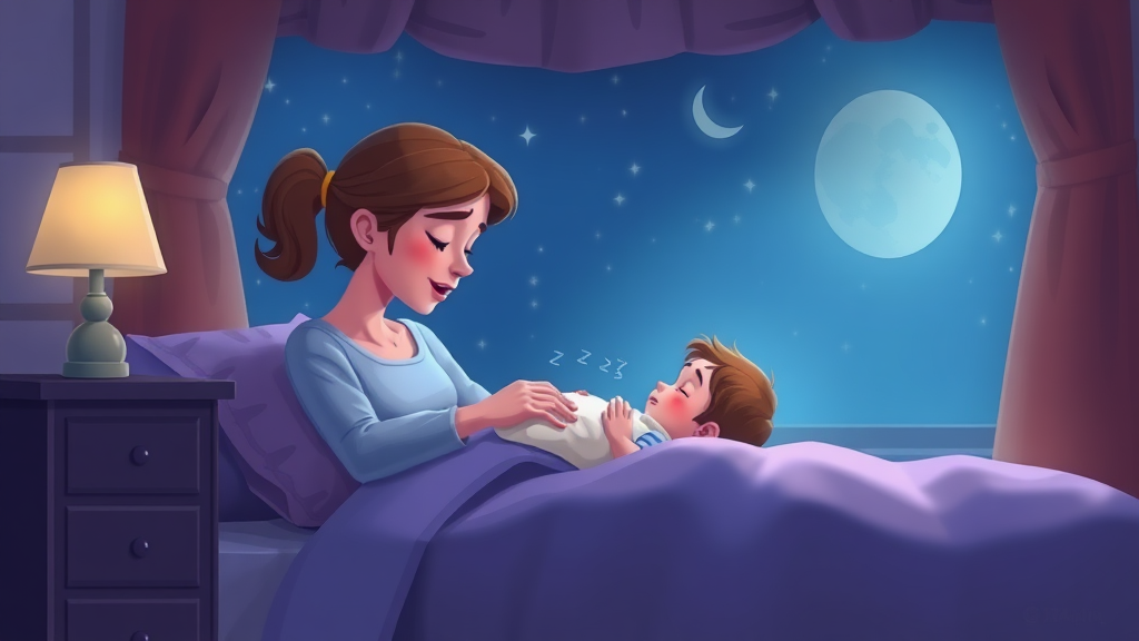 A mother trying to put a little baby to sleep during the night animation.