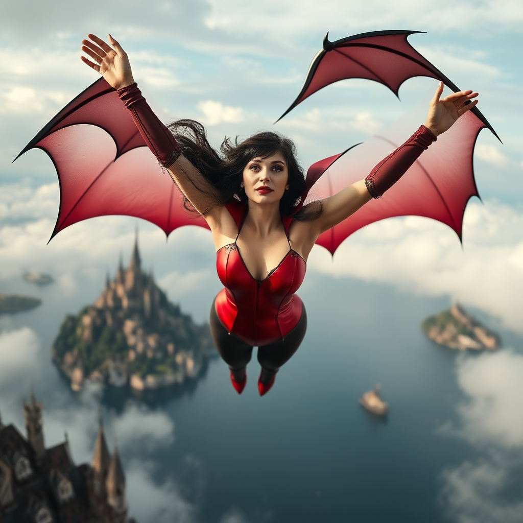 A woman cosplaying as Vampirella she's flying in the air surrounded by the skyscape of Neverland. The denizens of Neverland are all around with locations on the island clearly visible behind her. Her graceful arms float above her head. In the photographic style of Richard Fegley on DSLR