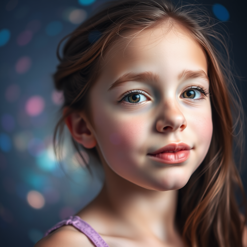 preteen girl in natural pose, relaxed, Low Key Lighting, dreamscape, nebula, Bokeh, abstract, brilliant colors, glittering, translucent, iridescent, natural skin, glowing, artistic photo, wide angle, cute, interesting, microscopy, airy, original, experimental, refraction